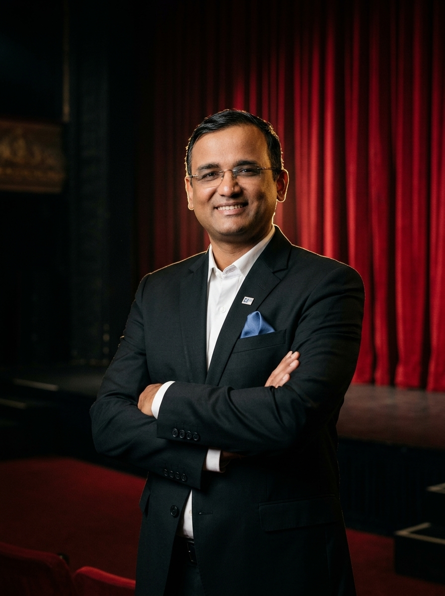 Dr. Sudeep Shukla presenting keynote on theatrical stage with microphone